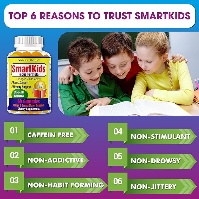 Smart Kids Focus Gummies with Omega 3 6 9 DHA Brain Support Teen Vitamin Kids Focus and Attention Supplements Vegetarian Memory Supplement for Brain Orange Flavor 60 Gummies