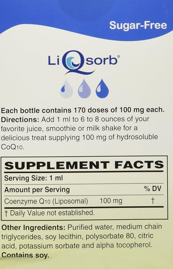 LiQsorb Liposomal CoQ10 (170ml Bottle) 100mg per 1 ml (Non Flavored Sugar Free Non-GMO) 170 Servings
