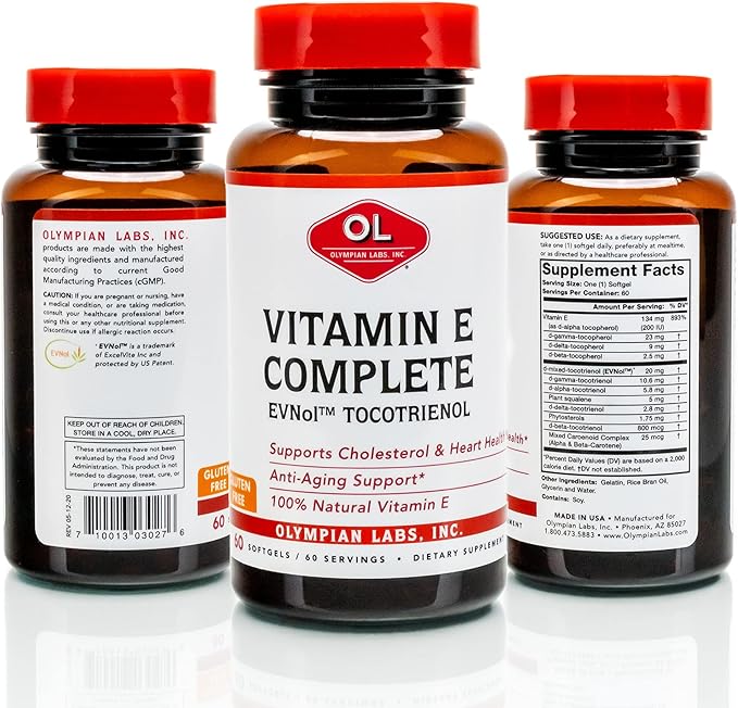 Olympian Labs Vitamin E Complete Tocomin 200IU 60 Softgels Fight Free Radicals Supports Brain Skin &amp Hair 60 Servings