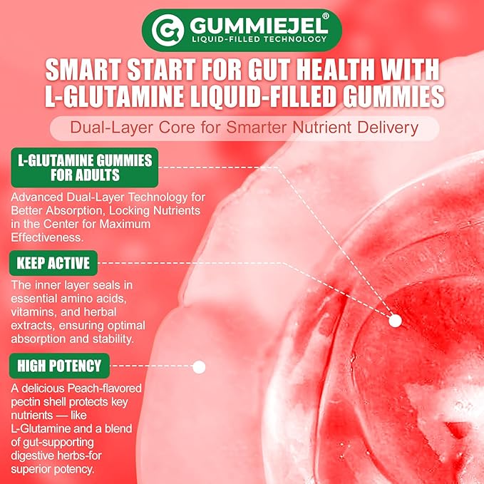 L-Glutamine 1200mg Gut &amp Immune Support GummiesLeaky Gut Repair Supplement with Slippery ElmMarshmallow RootGinger RootArabinogalactanOrganic AloeVitamin CVitamin D3ZincSugar-Free | 120 C