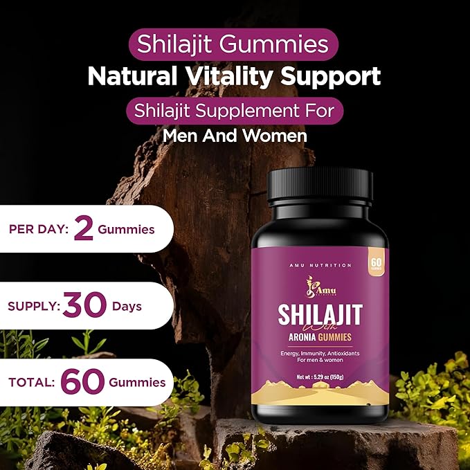 AMU NUTRITION Shilajit Gummies for Men &amp Women with Aronia Berries Fulvic Acid &amp 85+ Trace Minerals I MenWomen I Non-GMO I Lab Tested I 100% Natural I 60 Gummy (60 Count (Pack of 1) Aronia B