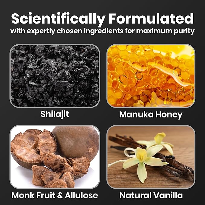 Cured Shilajit Gummies for Men with 85+ Trace Minerals Fulvic &amp Humic Acid | Natural Energy Stamina &amp Endurance Support | Organic Manuka Honey Zero Sugar Daily Wellness Supplement