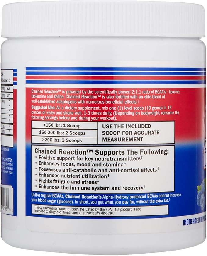 Chain'd Reaction - The Ultimate BCAA Amino Acid Recovery Aid for Muscle Growth Blue Raspberry 300 Gram