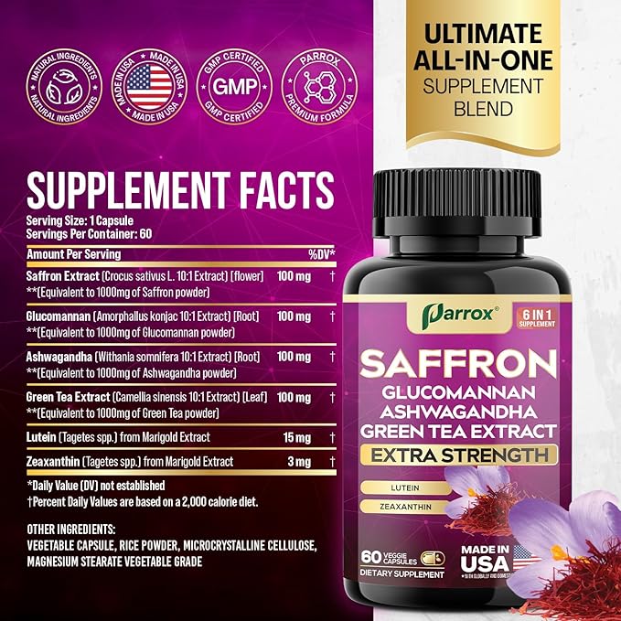 Saffron Supplement with Glucomannan Ashwagandha Green Tea Extract Zeaxanthin &amp Lutein Vision Support &amp Daily Wellness Formula Extra Strength Plant-Based Capsules 2 Month Supply (60 Caps)