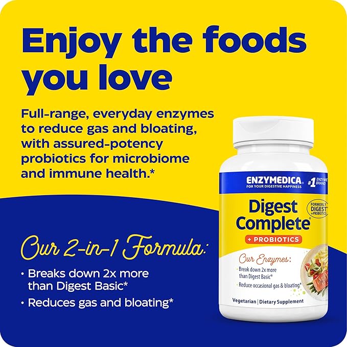 Enzymedica Digest Complete + Probiotics - Digestive Enzyme Supplement for Women &amp Men Enzyme and Probiotic Capsules for Digestion Gut Health Support Helps Gas &amp Bloating Vegetarian - 90 Ca