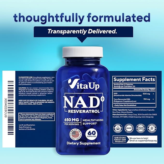 NAD+ Resveratrol Supplement - USA Made Trans Resveratrol NAD Supplement 650mg - Nicotinamide Adenine Dinucleotide Capsules for Healthy Aging Energy &amp Focus Support - 60 Count