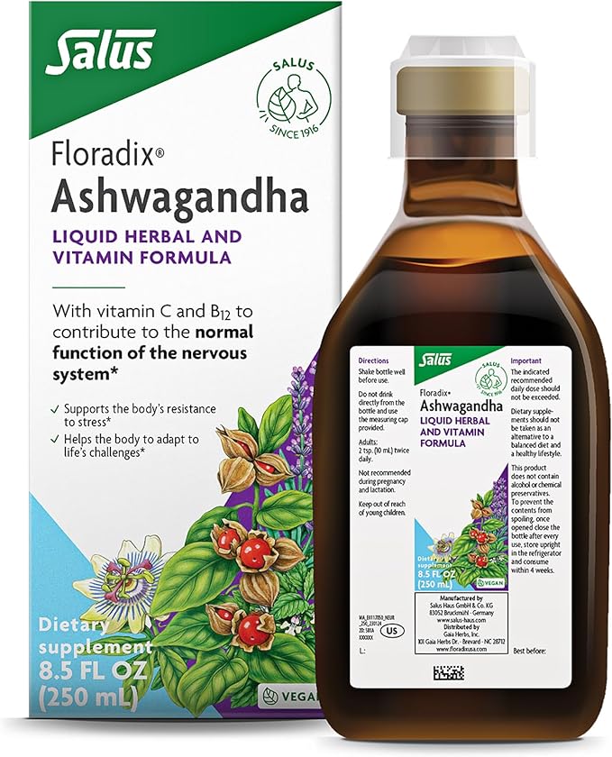 Floradix Ashwagandha Liquid Herbal &amp Vitamin Formula - Herbal Supplement with Ashwagandha Extract Vitamin C B12 &amp More - for Stress Support - Gentle to Digest - Vegan &amp Non-GMO - 8.5 fl