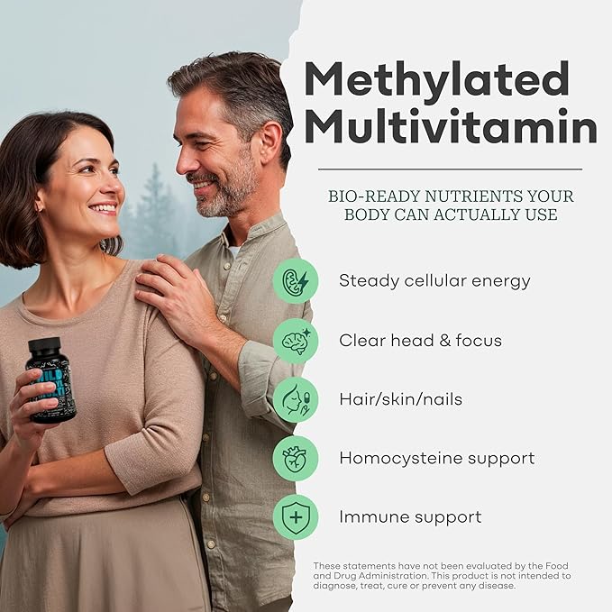 Wild Methylated Multivitamin for Women &amp Men | Daily Multi Vitamin | MTHFR Supplement Without Iron | Methylated B12 Folate Vitamin C A K2 D E Choline Biotin ALA CoQ10 &amp More (60 Caps