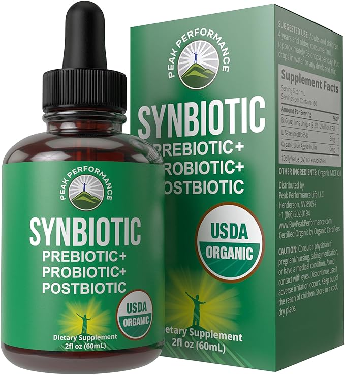 Organic Synbiotic = Prebiotics + Probiotics + Postbiotics 3-in-1 Supplement for Women Men &amp Kids. Pre Pro &amp Post Biotics Liquid Drops for Gut + Microbiome Balance. Made in USA Vegan Zero