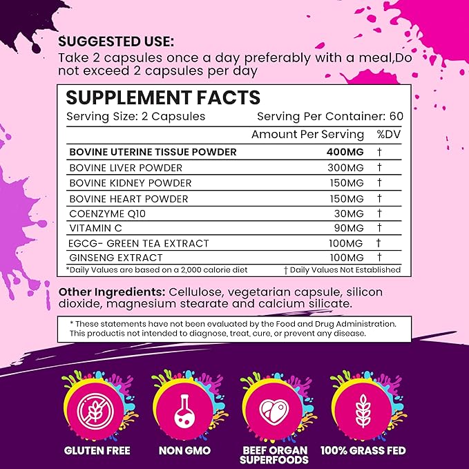 Beef Organ Supplement for Women - Grass Fed Beef Liver Capsules for Hormone &amp Energy Support - Pasture-Raised Liver Heart &amp Kidney with CoQ10 &amp Ginseng - Non-GMO &amp Gluten-Free - 120 C