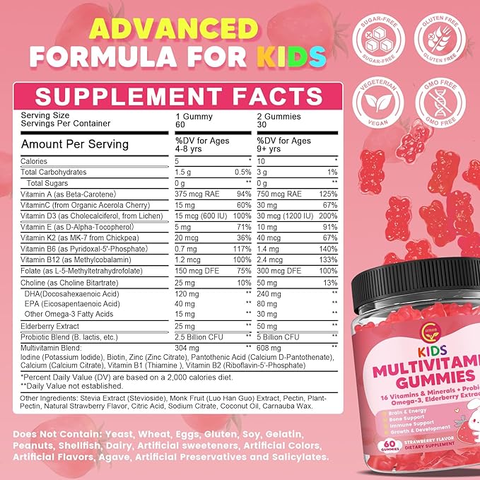Kids Methylated Multivitamin Gummies with Omega 3 Multivitamin for Kids &amp Teens 4+ w/L Methylfolate &amp B12 Calcium Probiotics Elderberry 16 Vitamins for Healthy Growth Immune Support Sug