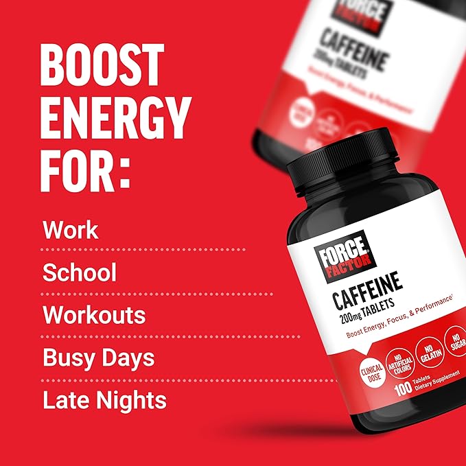 Force Factor Creatine Powder 60 Servings and Caffeine Tablets 100 Tablets - Creatine for Muscle Gain and Caffeine for Energy