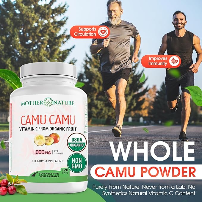 Organic Vitamin C from Camu Camu Capsules 1000mg Packed with Natural VIT C Raw Antioxidants - Immune Support Supplement &amp Anti-Aging for Skin - Powder Organic Vegan Non-GMO (120 Count)