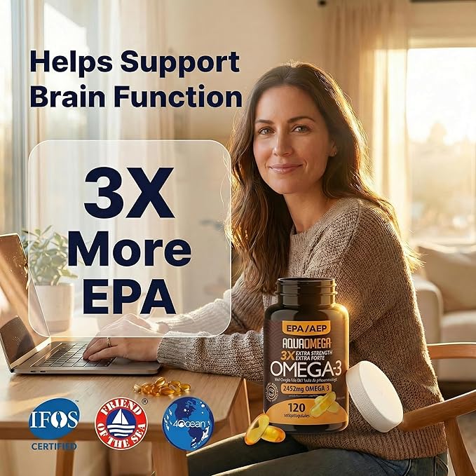 AQUAOMEGA 3X Extra Strength Omega-3 Fish Oil for Heart Brain &amp Immune Support 1636mg EPA 544mg DHA + Vitamin D3 Full Natural Triglyceride Form Wild Caught IFOS 5-Star Certified (120 Softgels