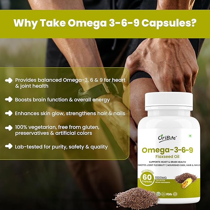 Omega 3-6-9 Flaxseed Oil 1000mg – Triple Omega Fatty Acids Supplement for Heart Brain Joint Skin &amp Hair Health – 60 Capsules