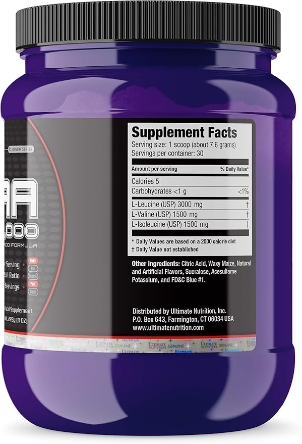 Ultimate Nutrition Flavored BCAA Powder 12000 Post Workout Recovery Drink 3g Leucine 1.5g Valine 1.5g IsoleucineBranch Chain Amino Acids Supplements for Muscle Recovery30 Servings Blue Raspberry