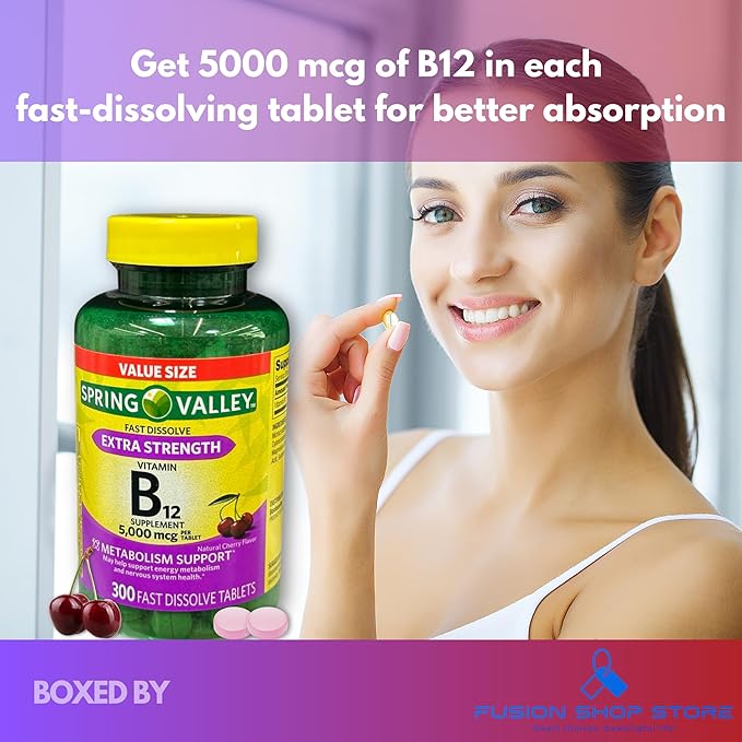 B12 Vitamins 5000mcg- Methylcobalamin Extra Strength Fast Dissolve Tablets Cherry Flavor 300 ct (Pack of 1) Boxed by Fusion Shop Store