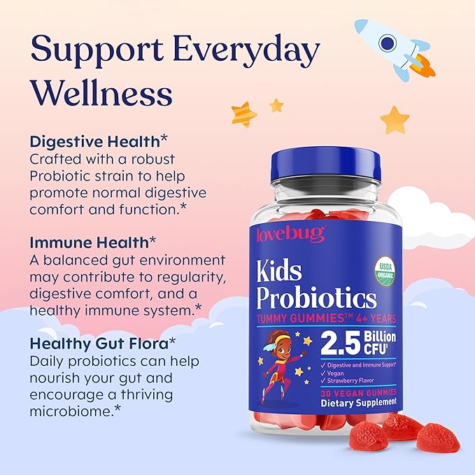 LOVEBUG Kids Probiotic Gummies – Organic Chewable Probiotics for Kids Aged 4+ Soil-Based Children’s Probiotic for Gut Health Constipation Digestive &amp Immune Support Vegan 30 Chews Strawberry