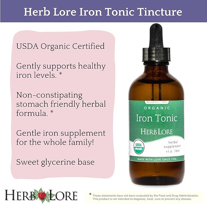 Herb Lore Iron Tonic - Organic Liquid Iron Drops Supplement for Kids &amp Women - Baby Infant &amp Toddler Friendly - Plant Based Vegan Gentle Non Constipating Herbal Tincture (4 fl oz)