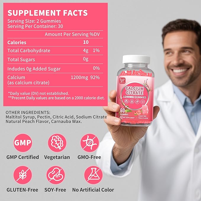 (2 Pack) Pure Calcium Citrate Gummies 1200 mg for Women &amp MenCalcium Citrate SupplementsHigh Absorption for Bone Muscle Healthy - Easy to Digest Sugar FreeVeganPeach Flavor60 Day Supply