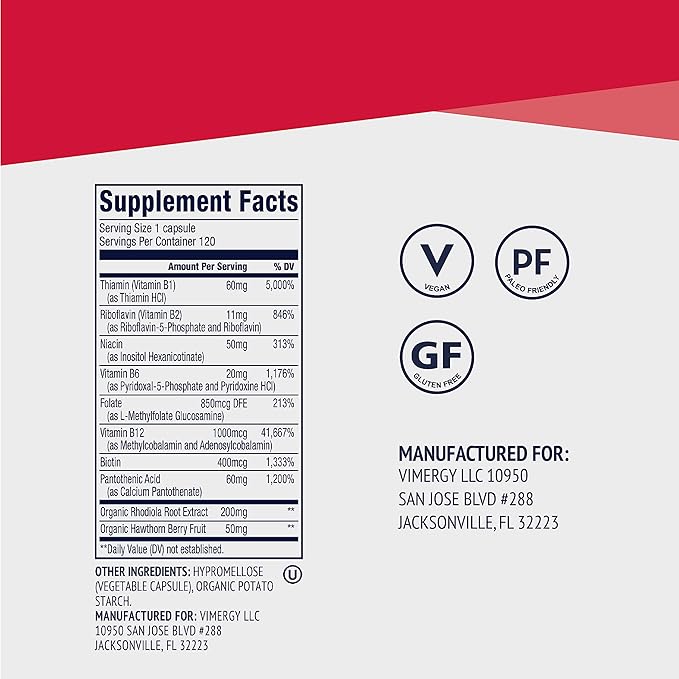 Vimergy Adapto B Complex 120 Servings – High Potency with 8 B Vitamins Rhodiola &amp Hawthorn Berry – Supports Mental Energy Cognition Mood - Non-GMO Kosher Vegan Paleo No Gluten No Soy
