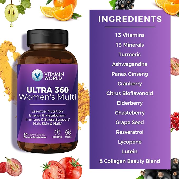Vitamin World Ultra 360 Multivitamin for Women Women's Multivitamin with Herbs &amp Collagen for Hair Skin &amp Nails Supplement with Iron Vitamin A B C D E for Energy &amp Immune Support