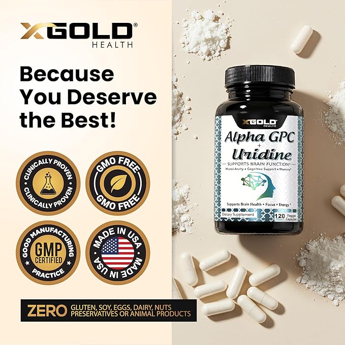 Alpha Gpc + Uridine 900mg – Powerful Nootropic for Boost Focus Memory Energy Mood &amp Cognitive Performance – 120 Vegetarian Capsules
