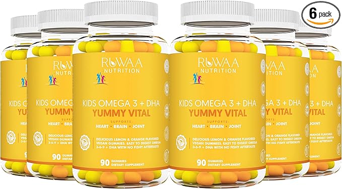 RUWAA NUTRITION Kids Omega 3 Gummies DHA EPA Omega 3 Supplement Kids. No Fish Oil After-Taste Vegan Omega 3 6 9 + DHA Gummies &amp Vitamin C. Cognitive Health Focus Vision. Children Omega 3 540ct (