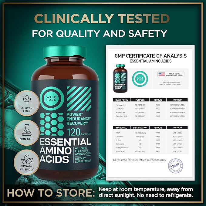 Essential Amino Acids Supplement - All 9 EAAs with BCAAs Amino Acids (Leucine Lysine Valine Threonine) - 3000mg Per Serving - Muscle Growth Power Recovery - 120 Vegan Caffeine Free Capsules