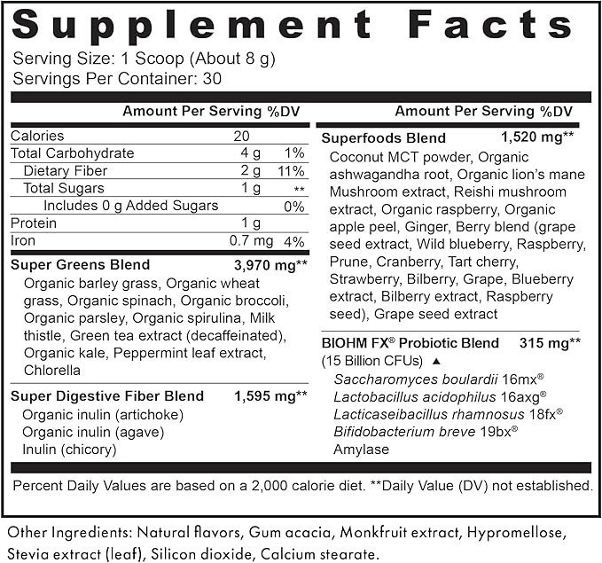 BIOHM Super Greens Green Superfood Powder (8.5 Oz 30 Servings) Antioxidant Veggie Powder &amp Smoothie Mix 34 Superfoods &amp Spirulina Digestive Enzymes Prebiotics and Probiotics Mixed Berry