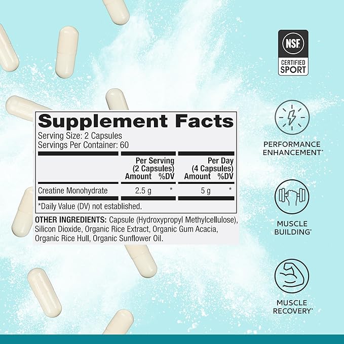Dr. Mercola Pure Power Creatine Monohydrate 60 Servings (120 Capsules) 2.5g Per Serving Dietary Supplement Strength and Energy Non-GMO NSF Certified for Sport