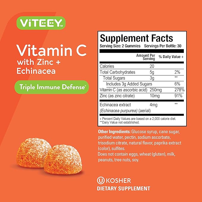 VITEEY Vitamin C Gummies for Adults &amp Teens with Zinc &amp Echinacea - Immune Support Gummies - Immune Booster - Vegan Gelatin Free Gluten Free GMO Free - Tasty Vitamin C Chewable Orange Flavo