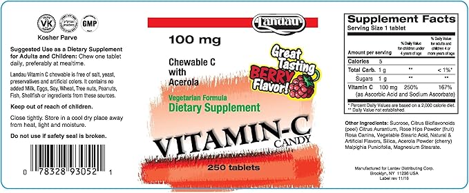 LANDAU 100mg Chewable Vitamin C Candy for Kids &amp Adults – Easy-to-Take Vitamin C Supplement with Acerola – Kosher &amp Made in The USA – Great Tasting Berry Flavor 250 Tablets