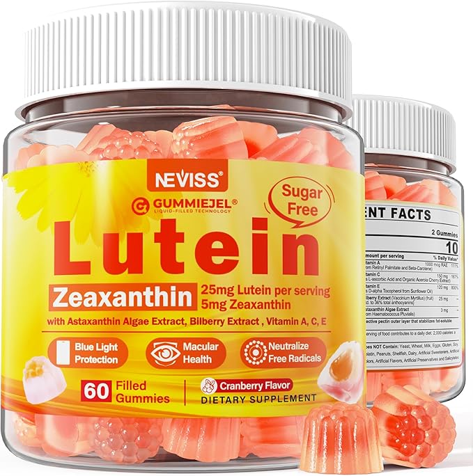 Sugar-Free Lutein Zeaxanthin Supplements Gummies (25mg) Vitamins A C E Bilberry Astaxanthin - Coconut Oil for Better Absorption - Adults &amp Teens Vision Health Eye Strain Dry Eyes - Vegan 60