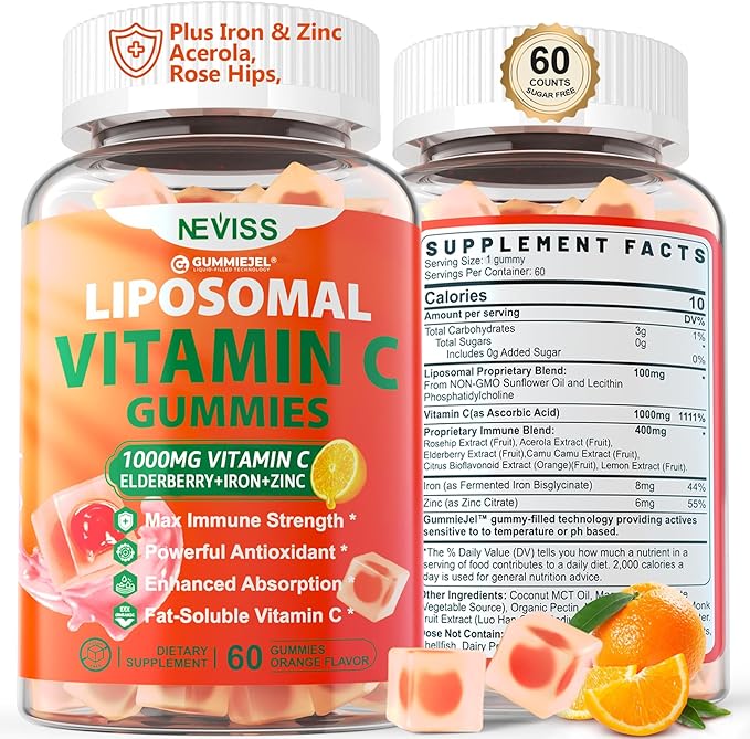 Liposomal Vitamin C 1000mg Gummies for Adults - Vitamin C Chewable with Elderberry Zinc &amp 8mg Iron Sugar Free Vit C Supplements Daily Immune Support Gummies for Energy Collagen Booster 60 Coun
