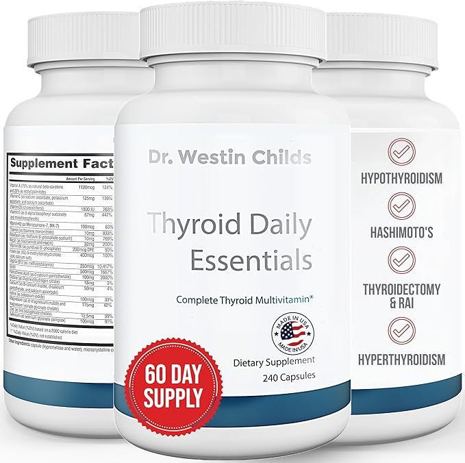 Dr. Westin Childs - Thyroid Daily Essentials - Multivitamin for Women &amp Men with Immune &amp Stress Support - Iodine Zinc Selenium Fulvic Acid Activated B Vitamins K2 L-Tyrosine Rhodiola -