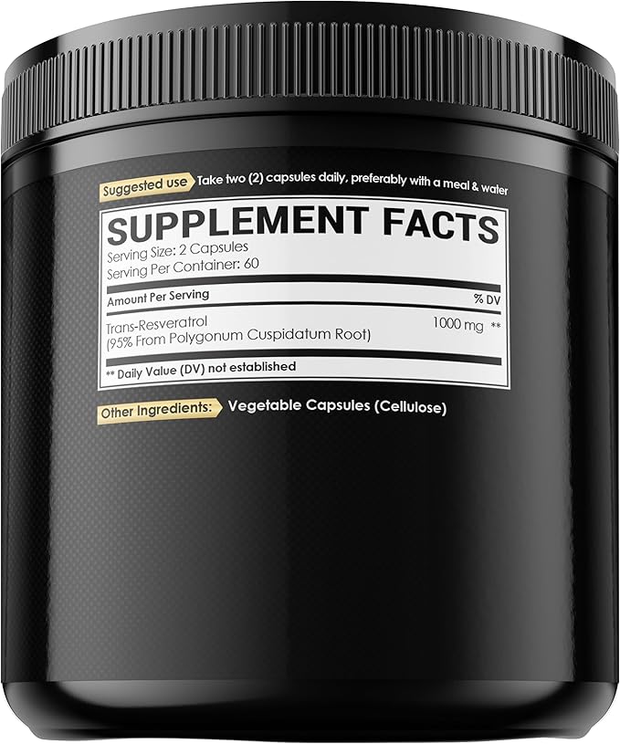 Trans Resveratrol 1000mg Supplement - Impressive Benefits for Immune System Energy Production &amp Heart Health Support - 120 Vegan Capsules for 2 Months