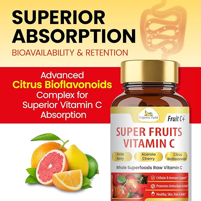 Organic Veda Fruit C+ Vitamin C Complex - 1250mg Organic Whole Food Vitamin C Supplement with Citrus Bioflavonoids Acerola &amp Amla - Daily Antioxidants Immunity Collagen Boost - 120 Vegan Capsul