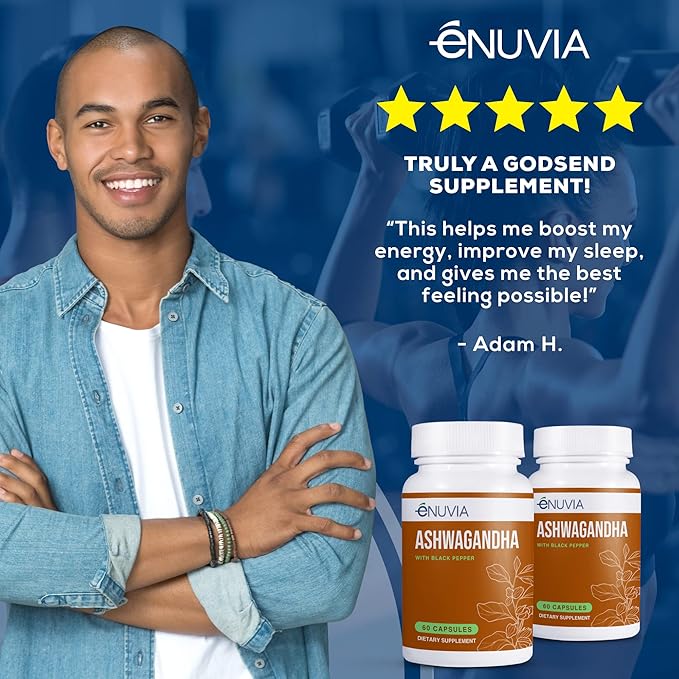 Ashwagandha Supplement - Natural Relief and Stamina Support to Help Ease Tension 60 Capsules Pure Root with Black Pepper Extract for Enhanced Absorption Vegan Made in the USA