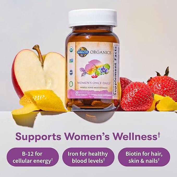 Garden of Life Organics Multivitamin for Women - Women's Once Daily Multi - Whole Food Multi with Iron Biotin Vegan Organic Womens Multivitamin for Health Energy Hair Skin and Nails 60 Tablets