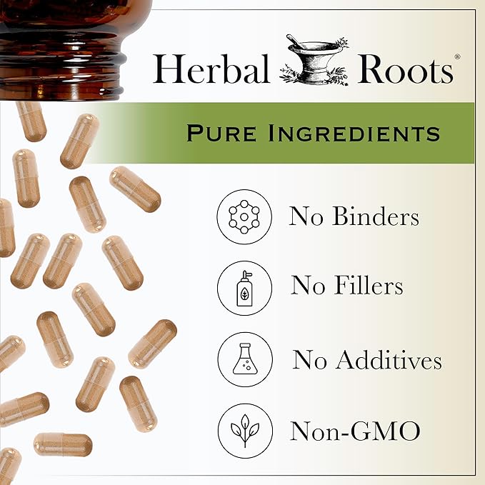 Herbal Roots Organic Reishi Mushroom Capsules - Made with Fruiting Bodies - Support Energy Vitality Immune &amp Heart Health - 60 Vegan Capsules