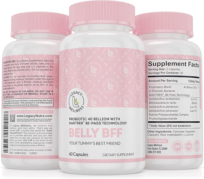 BELLY BFF Probiotic Supplement - 40 Billion CFU Daily Gut Health Complex Support - Astragalus &amp Lactobacillus Acidophilus Digestive Health Probiotics for Women &amp Men - 60 Vegan Shelf Stable Ca