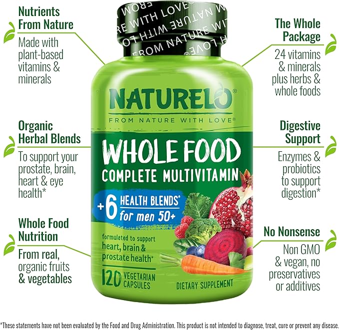 NATURELO Whole Food Multivitamin for Men 50+ - with Vitamins Minerals Organic Herbal Extracts - Vegan Vegetarian - for Energy Brain Heart and Eye Health - 120 Capsules
