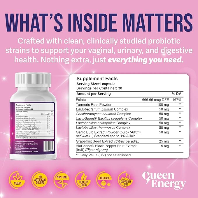 Queen Energy Vaginal Probiotic – Supports pH Balance Odor Control &amp Digestive Health – 30 Capsules