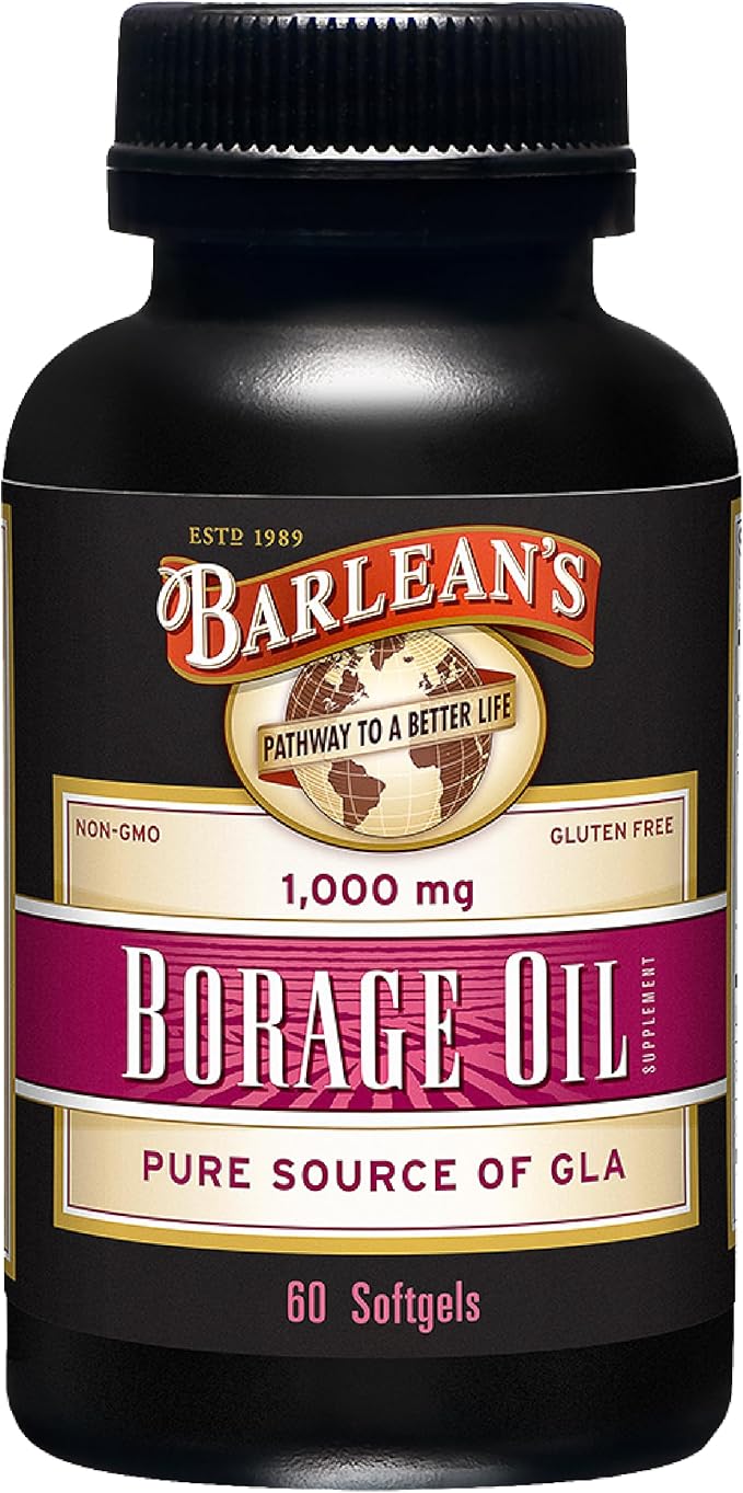 Barlean's Borage Oil Supplements Cold Pressed Pure Borage Seed Oil Supplement Softgels for Men and Women 1000 mg GLA Fatty Acids 60 Count