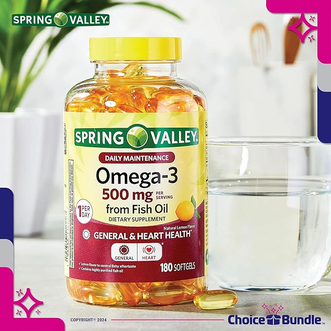 Choice Bundle Spring Valley Fish Oil Omega 3 Fatty Acid Supplement Lemon Softgels 500 mg 180 Ct 3 pk (540 Total) + Vitamin Guide and Pill Container (5 Items)!