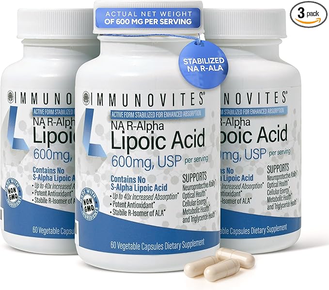IMMUNOVITES 3-Pack Stabilized R-Alpha Lipoic Acid ((True)) 600mg per Serving [[High Potency &amp up to 40x Increased Absorption]] (Na R-ALA) (Na R-LA) (Na R-Lipoate) (3 Bottles)