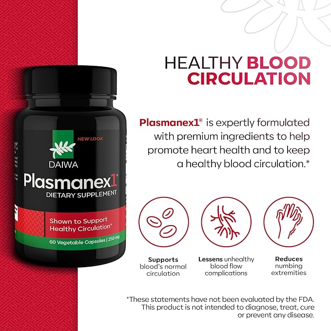 Daiwa Plasmanex 1 - Blood and Vein Circulation Supplements – Balance Circulation Encourage Healthy Legs and Veins - 60 Vegan Capsules