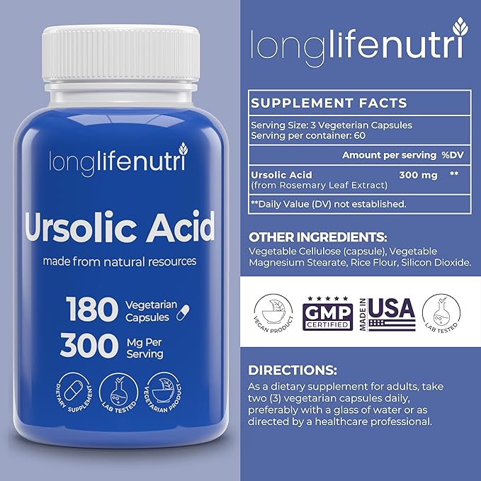 LongLifeNutri Ursolic Acid 300mg - Sourced from Rosemary Leaf Extract 180 Vegetarian Capsules Organic Supplement for Muscle Growth &amp Recovery 2-Month Supply Lab Tested GMP Certified Made in