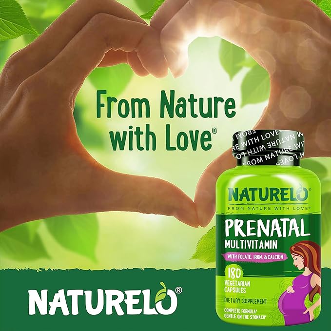 NATURELO Prenatal Multivitamin with Gentle Chelated Iron Methyl Folate Plant Calcium &amp Choline - Vegan Vegetarian - Non-GMO - Gluten Free - 180 Capsules - 2 Month Supply
